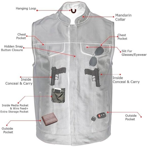 New Mens Black USA Leather Biker Vest 4XL Combat Trucker Gun Pocket RHH10564 - Picture 11 of 11